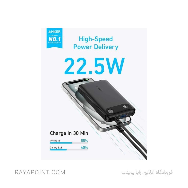  پاوربانک انکر مدل A1257 ظرفیت 10000 میلی آمپر ساعت به همراه کابل USB-C 